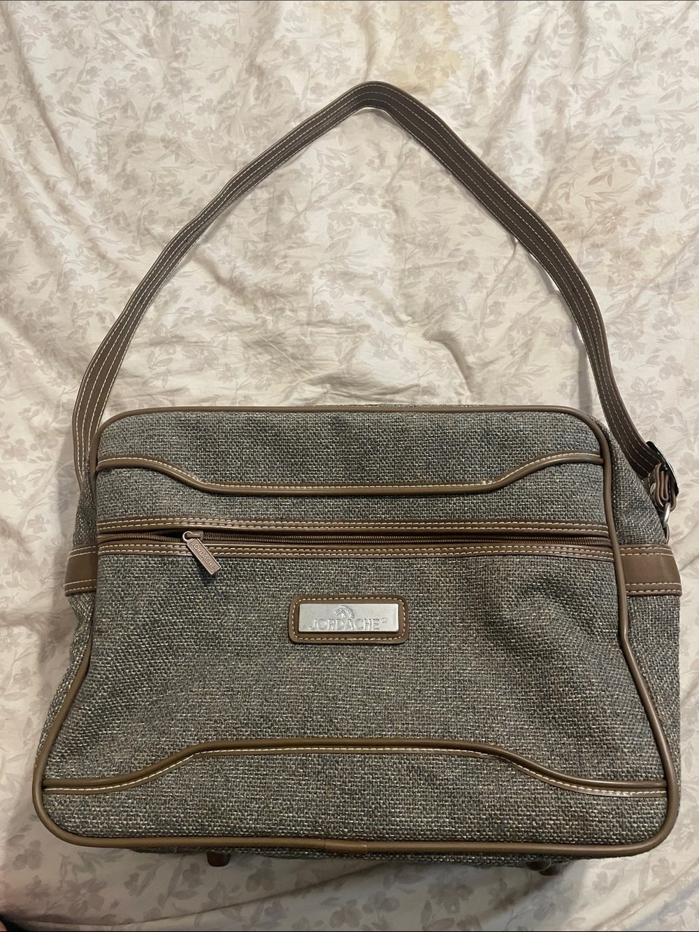 Jordache vintage Grey Tweed Shoulder Bag with Tan Trim